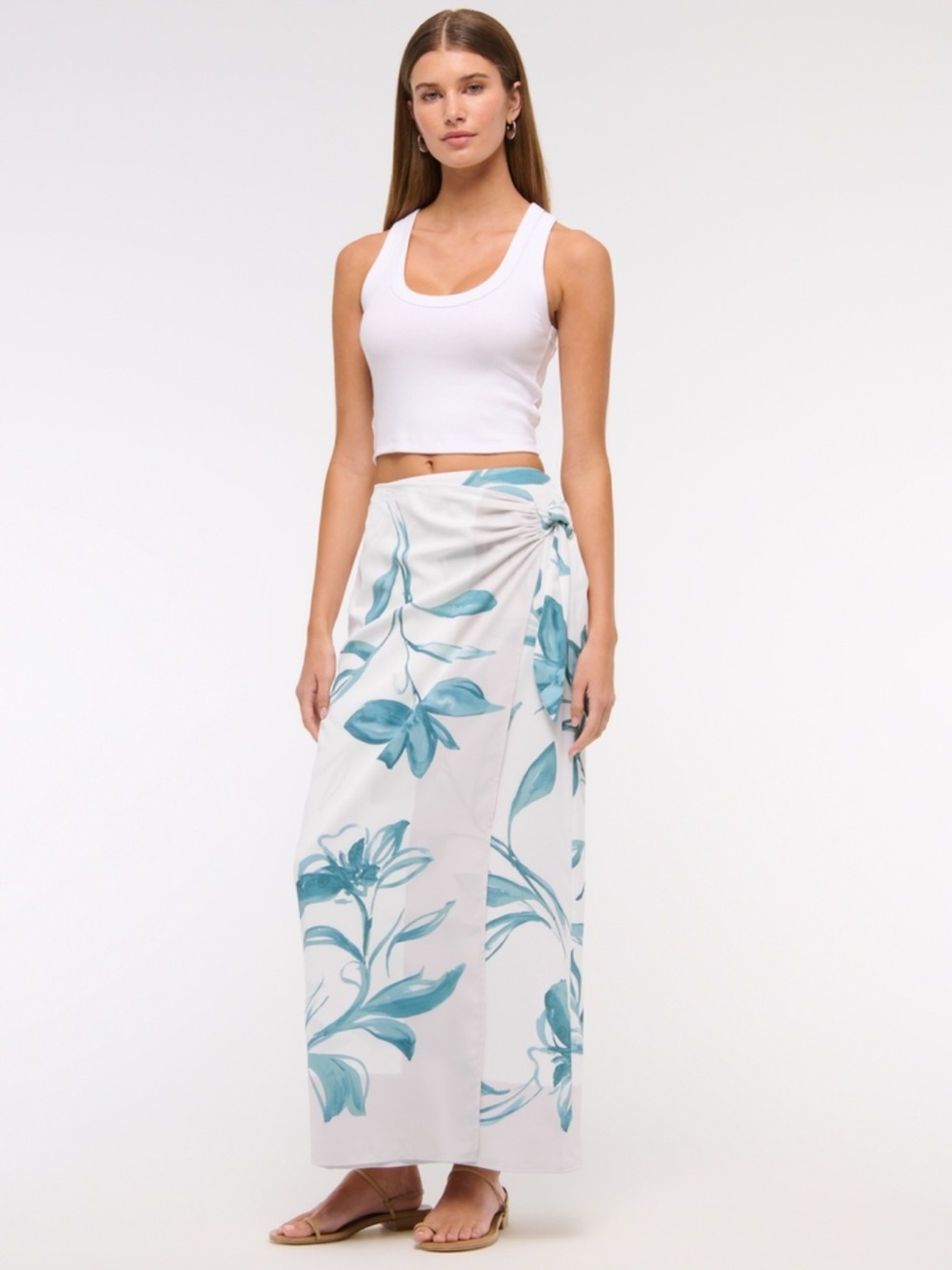 Abercrombie & Fitch White Maxi Skirt with Teal Botanical Print